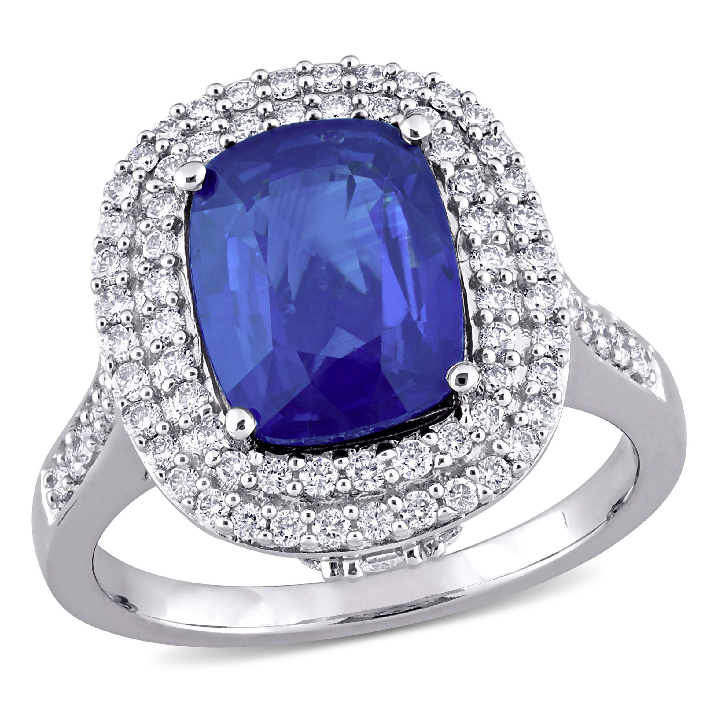 Cushion Blue Sapphire and 1 CT TW Diamond Halo Cocktail Ring in 14k White Gold