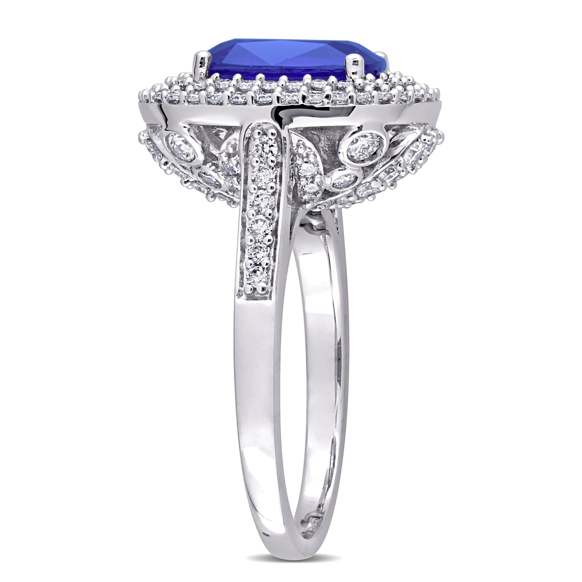 Cushion Blue Sapphire and 1 CT TW Diamond Halo Cocktail Ring in 14k White Gold