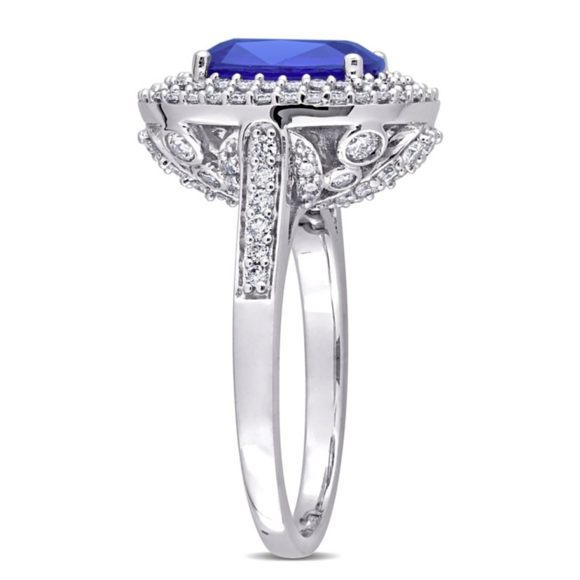 Cushion Blue Sapphire and 1 CT TW Diamond Halo Cocktail Ring in 14k White Gold