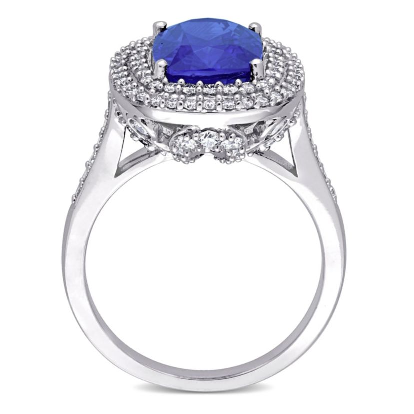 Cushion Blue Sapphire and 1 CT TW Diamond Halo Cocktail Ring in 14k White Gold