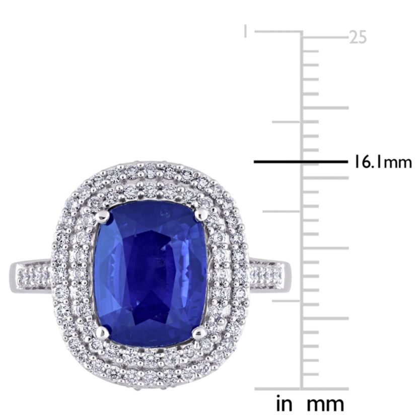 Cushion Blue Sapphire and 1 CT TW Diamond Halo Cocktail Ring in 14k White Gold