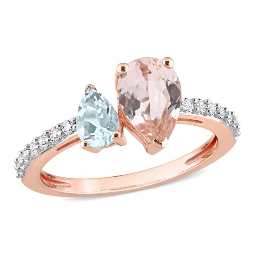 Pear Shape Morganite, Aquamarine and White Topaz Ring in 10k Rose Gold