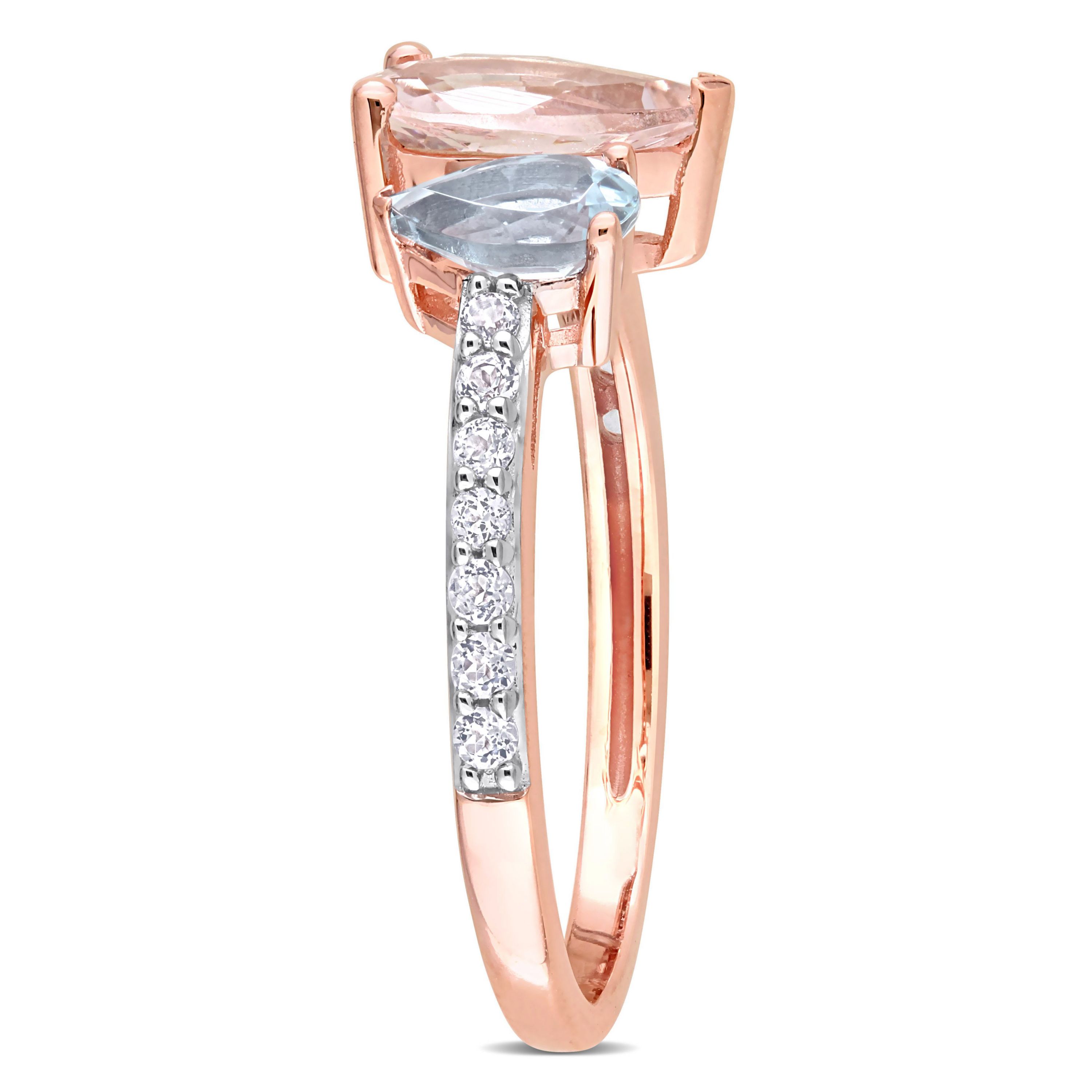 Pear Shape Morganite, Aquamarine and White Topaz Ring in 10k Rose Gold