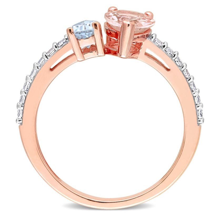 Pear Shape Morganite, Aquamarine and White Topaz Ring in 10k Rose Gold