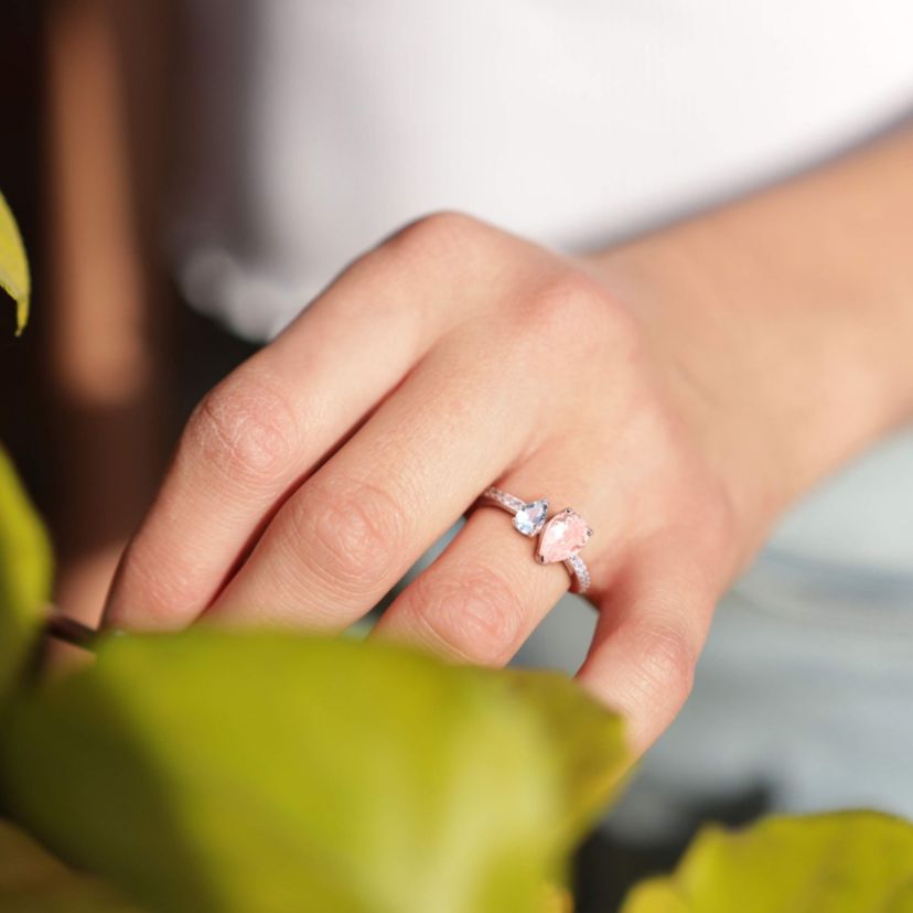 Pear Shape Morganite, Aquamarine and White Topaz Ring in 10k Rose Gold