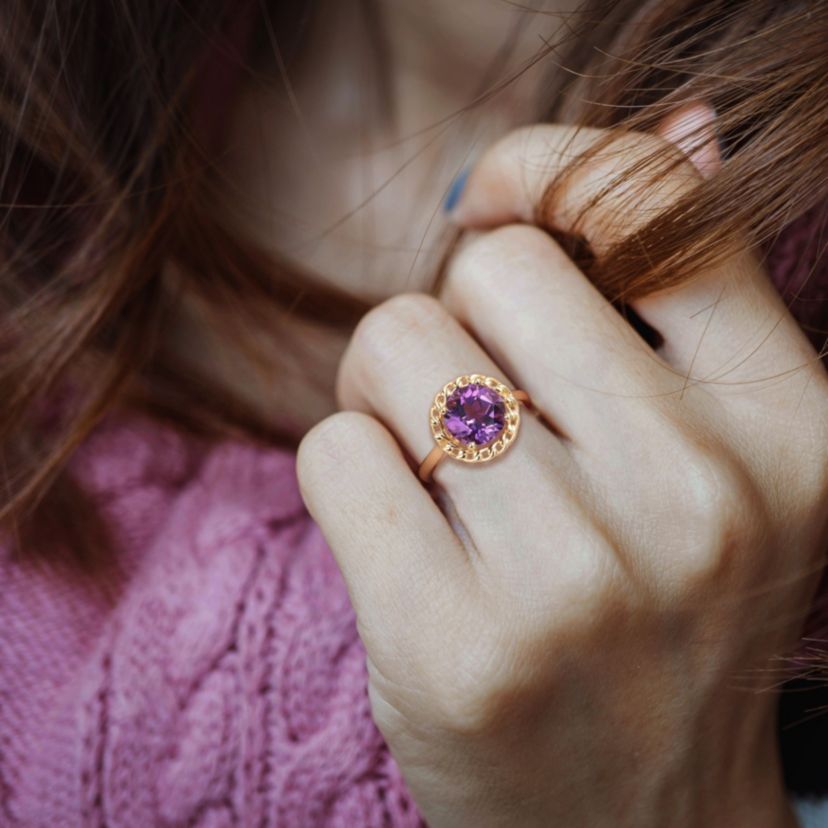 Amethyst Halo Link Ring in Yellow Plated Sterling Silver