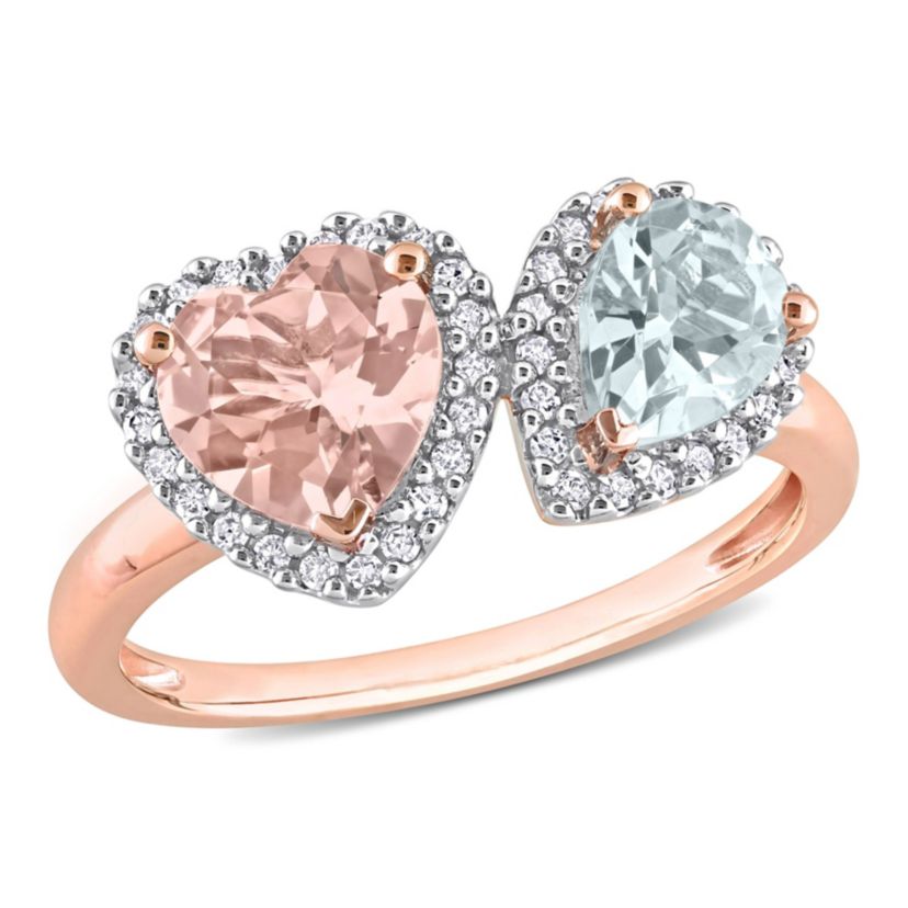 Heart Shape Morganite Pear Shape Aquamarine and 1/5 CT TW Diamond Ring in 10k Rose Gold