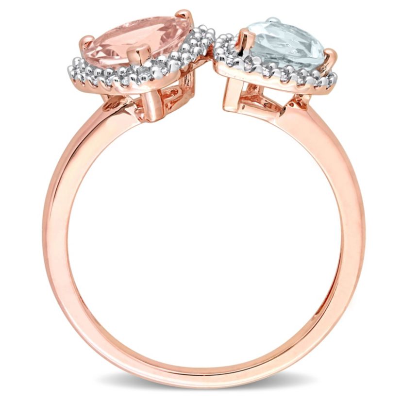 Heart Shape Morganite Pear Shape Aquamarine and 1/5 CT TW Diamond Ring in 10k Rose Gold