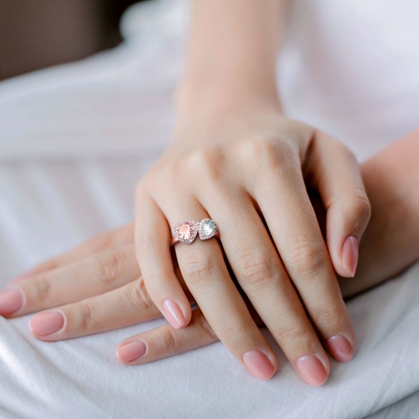 Heart Shape Morganite Pear Shape Aquamarine and 1/5 CT TW Diamond Ring in 10k Rose Gold