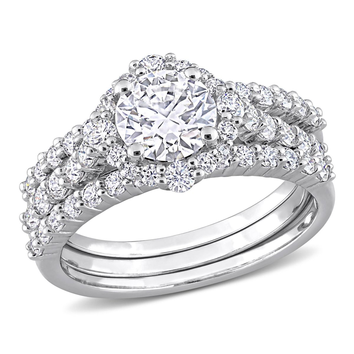 Lab Created 2 CT DEW Created Moissanite Halo Bridal Ring Set in Sterling Silver