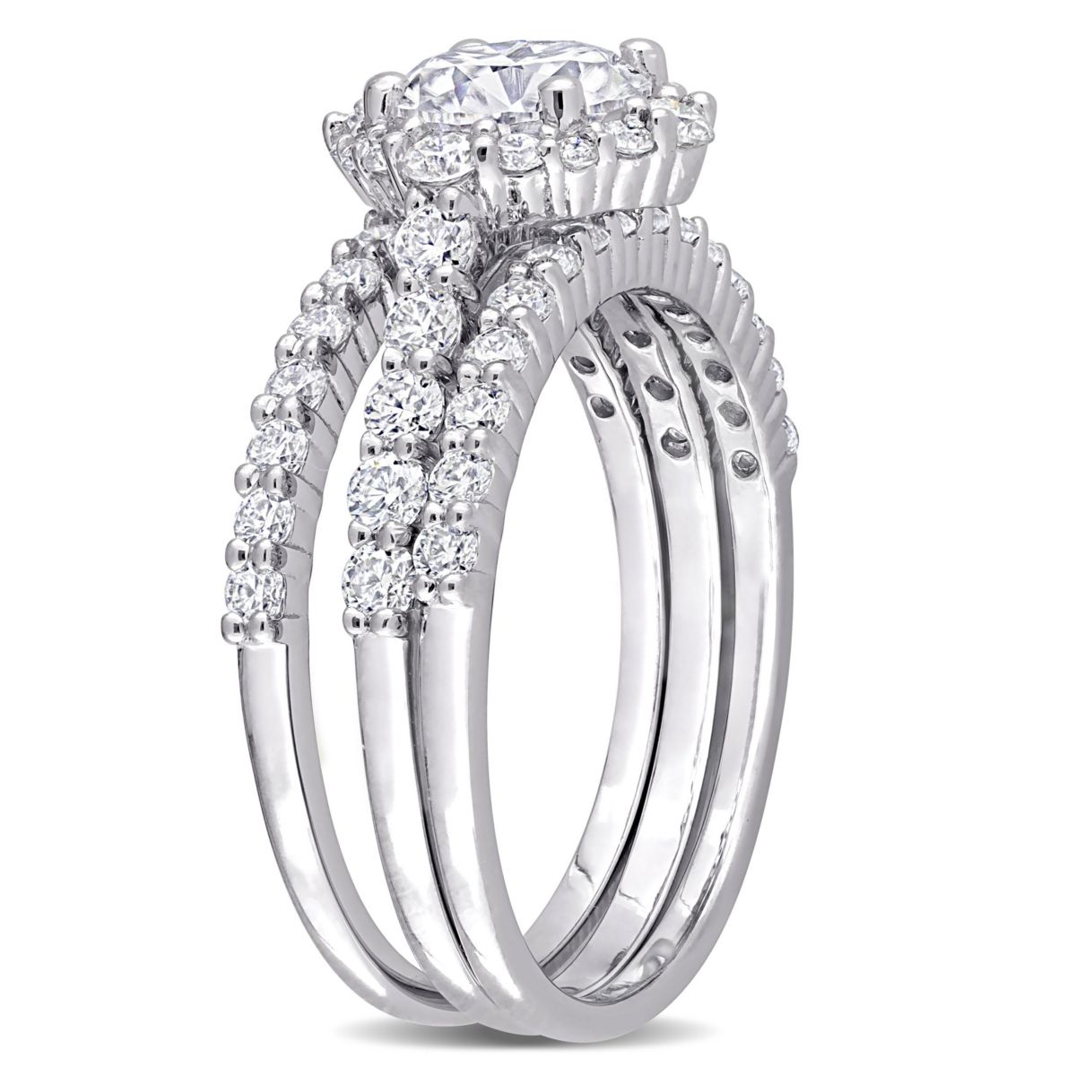 Lab Created 2 CT DEW Created Moissanite Halo Bridal Ring Set in Sterling Silver