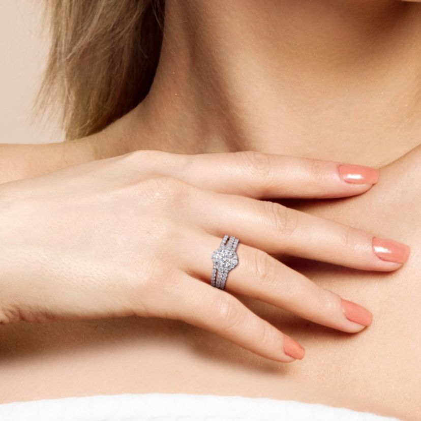 Lab Created 2 CT DEW Created Moissanite Halo Bridal Ring Set in Sterling Silver