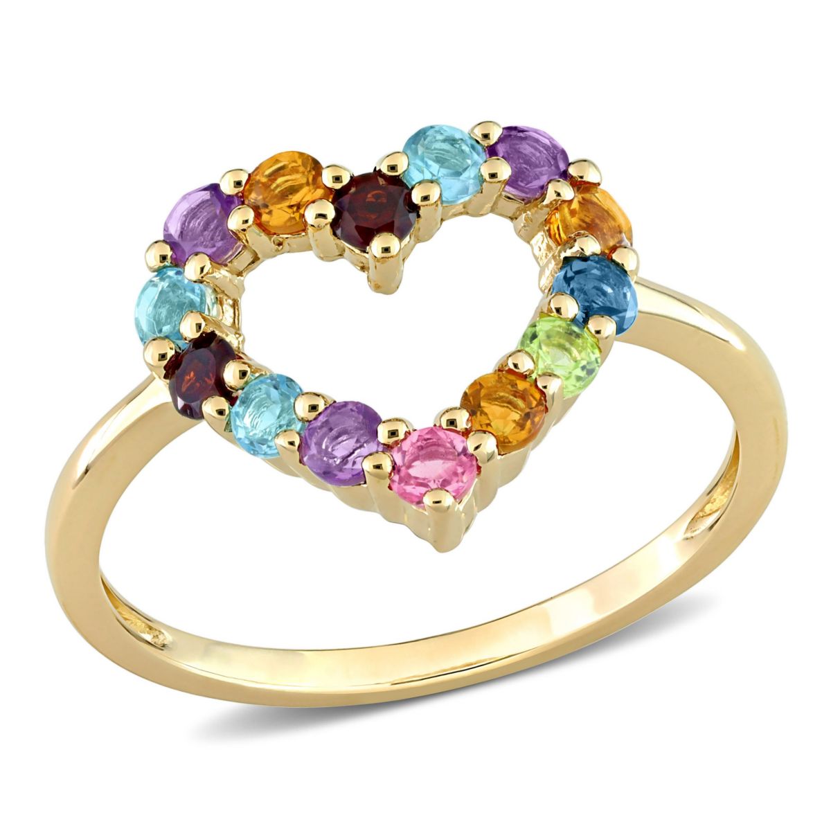 Multi-Color Gemstones Open Heart Ring in 10k Yellow Gold