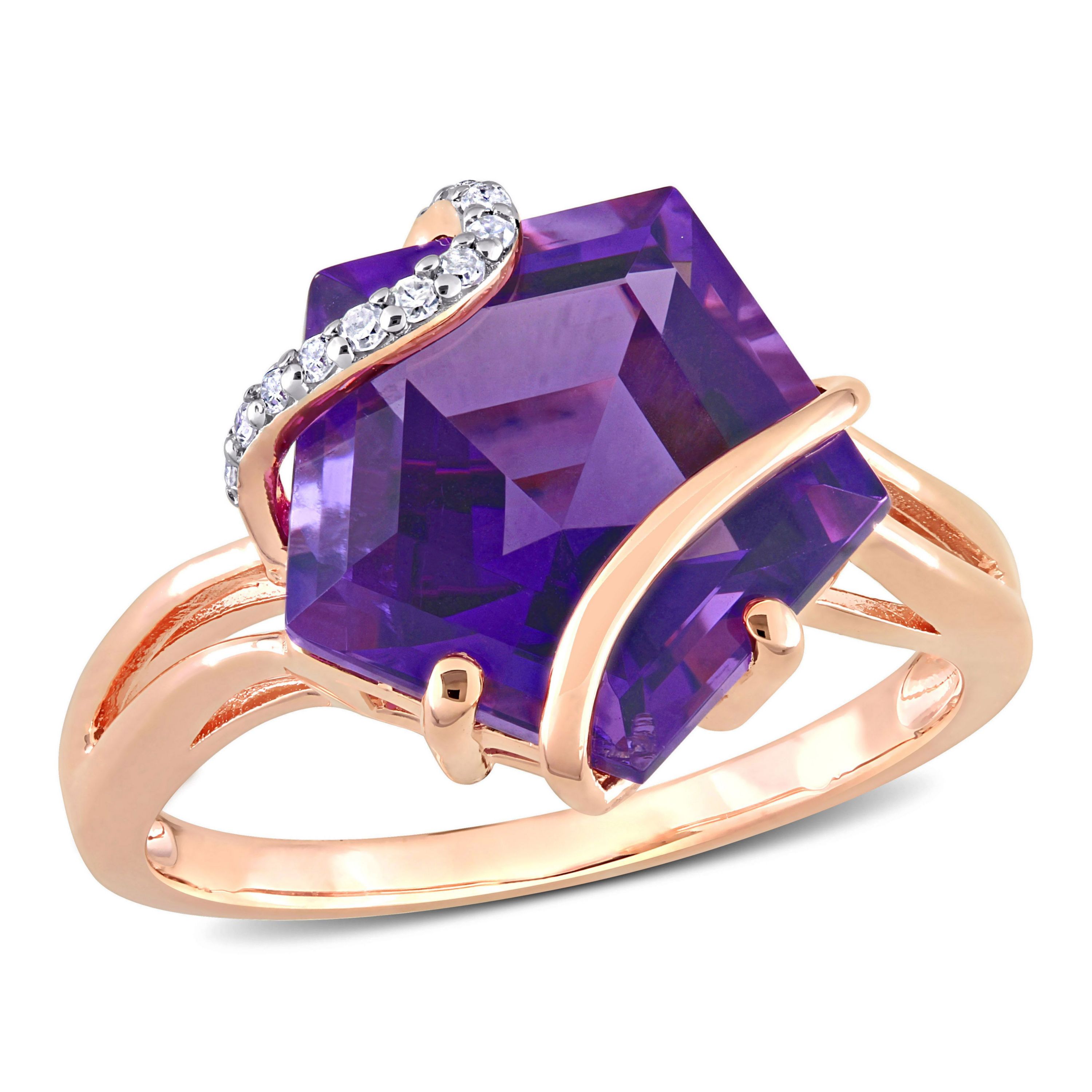 Amethyst and Diamond Accent Wrapped Ring in Rose Plated Sterling Silver