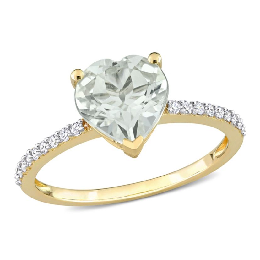 Heart Green Quartz and 1/7 CT TW Diamond Ring in 14k Yellow Gold