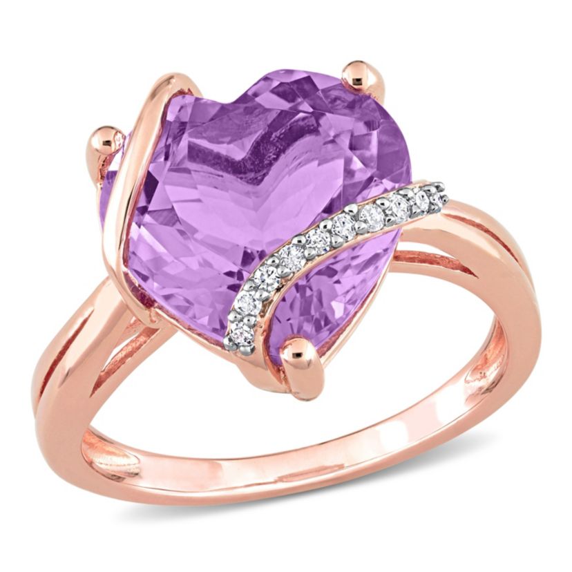 Amethyst and Diamond Accent Heart Ring in Rose Plated Sterling Silver