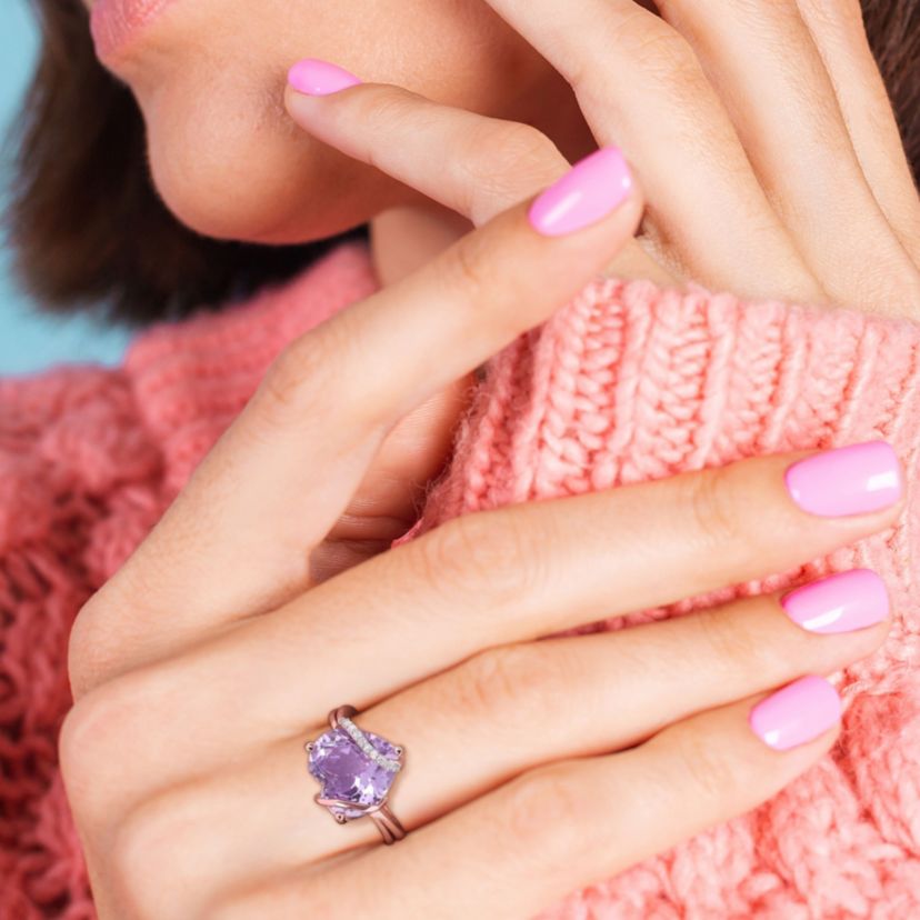 Amethyst and Diamond Accent Heart Ring in Rose Plated Sterling Silver