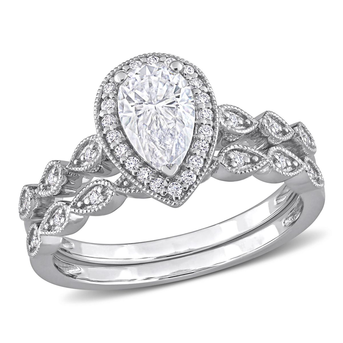 Lab Created Created Moissanite Teardrop Halo Bridal Ring Set in Sterling Silver