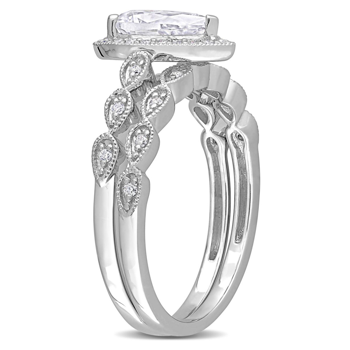 Lab Created Created Moissanite Teardrop Halo Bridal Ring Set in Sterling Silver