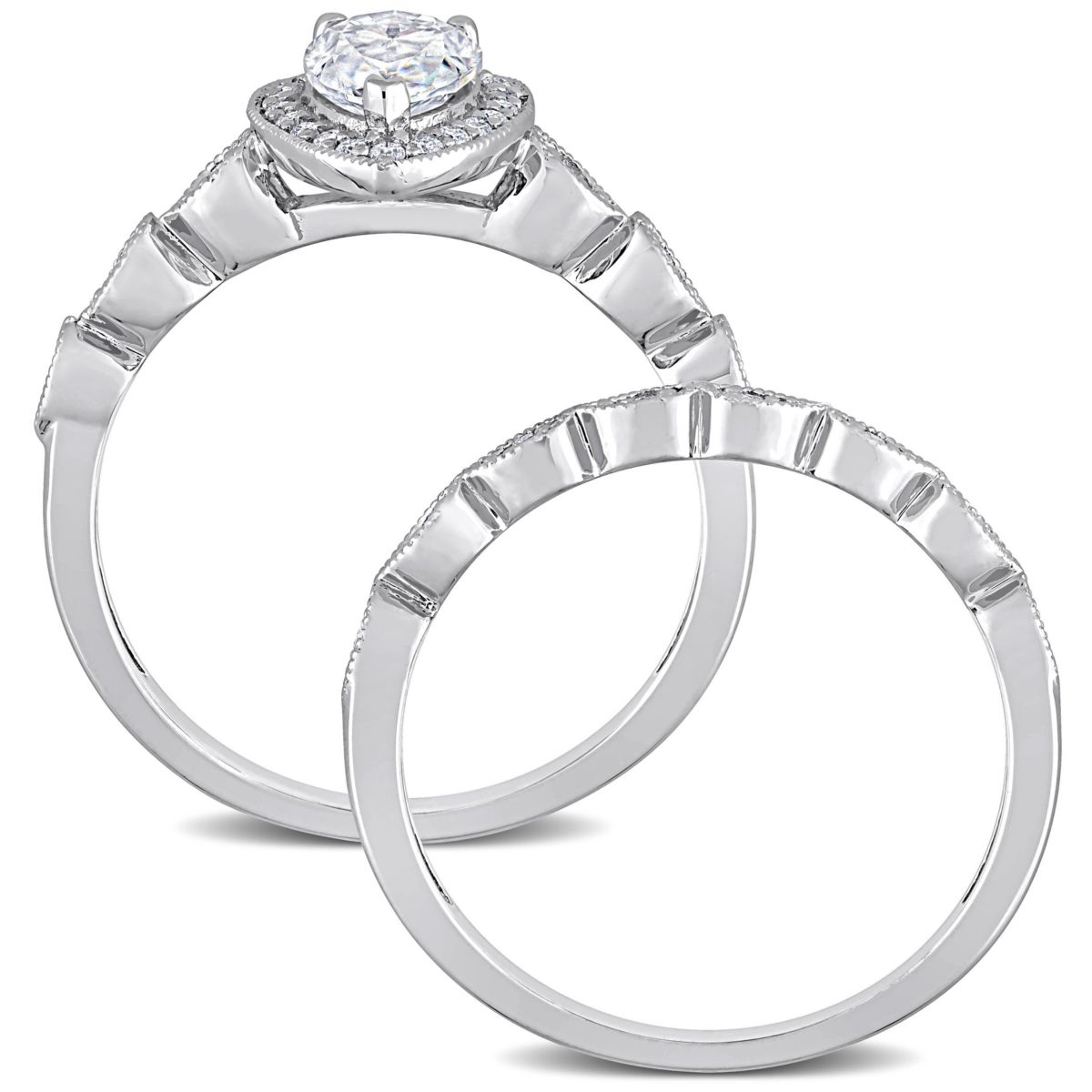 Lab Created Created Moissanite Teardrop Halo Bridal Ring Set in Sterling Silver