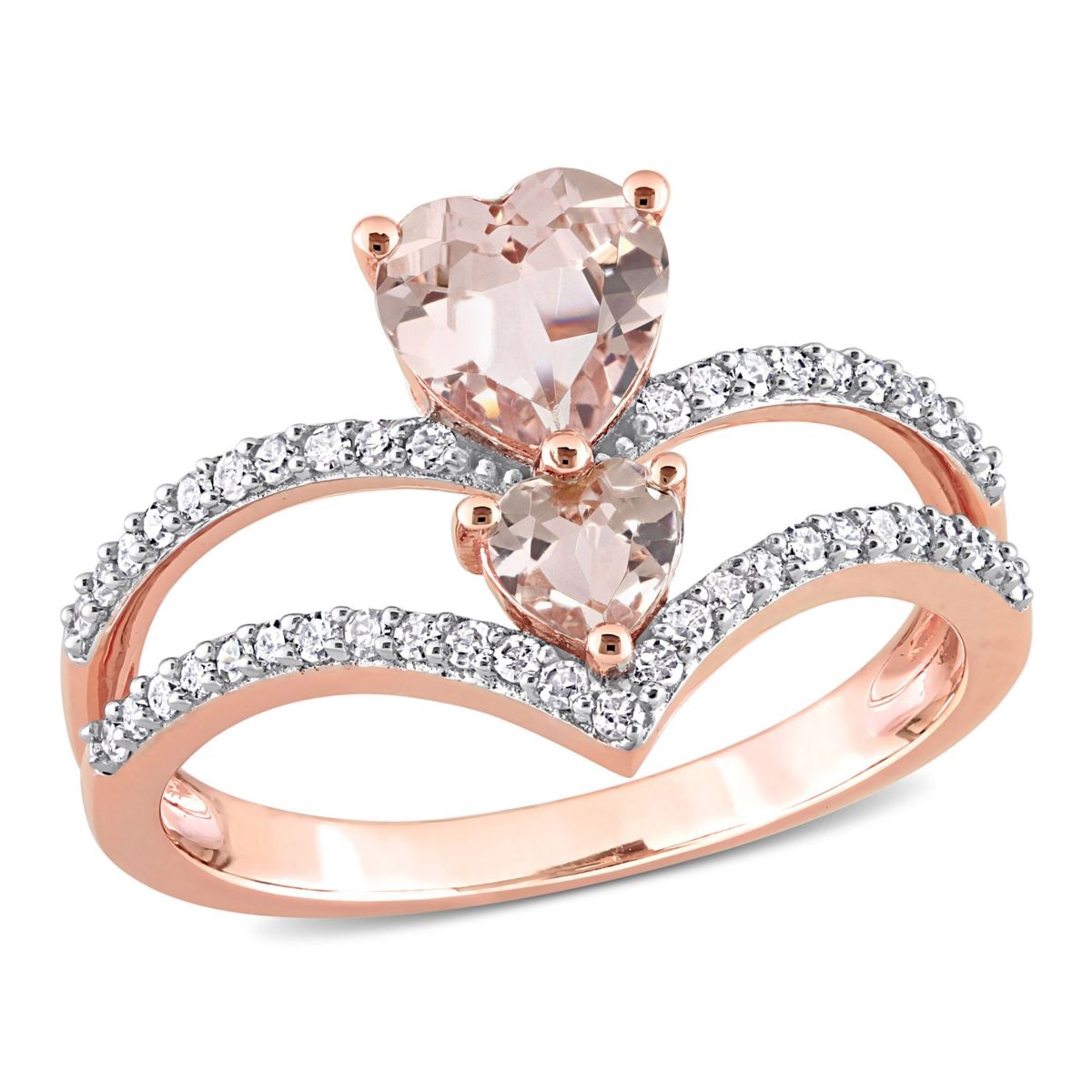 Heart Shape Morganite and 1/4 CT Diamond 2-Stone Open Ring in 10k Rose Gold