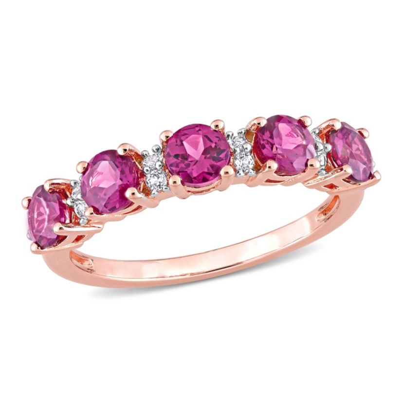 Rhodolite and White Topaz Semi Eternity Ring in Rose Gold Plated Sterling Silver