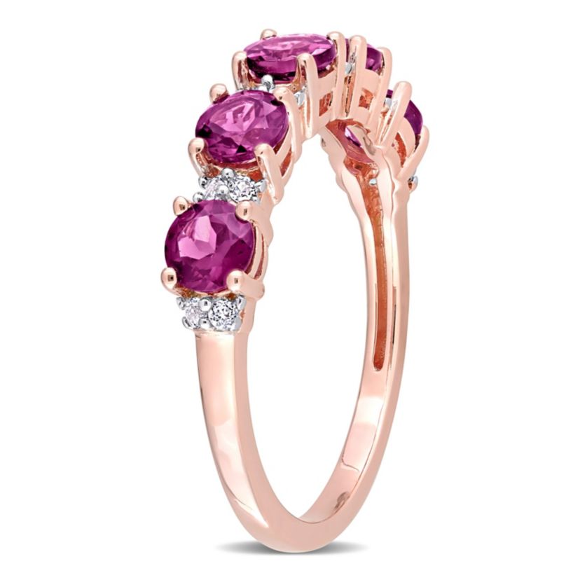 Rhodolite and White Topaz Semi Eternity Ring in Rose Gold Plated Sterling Silver