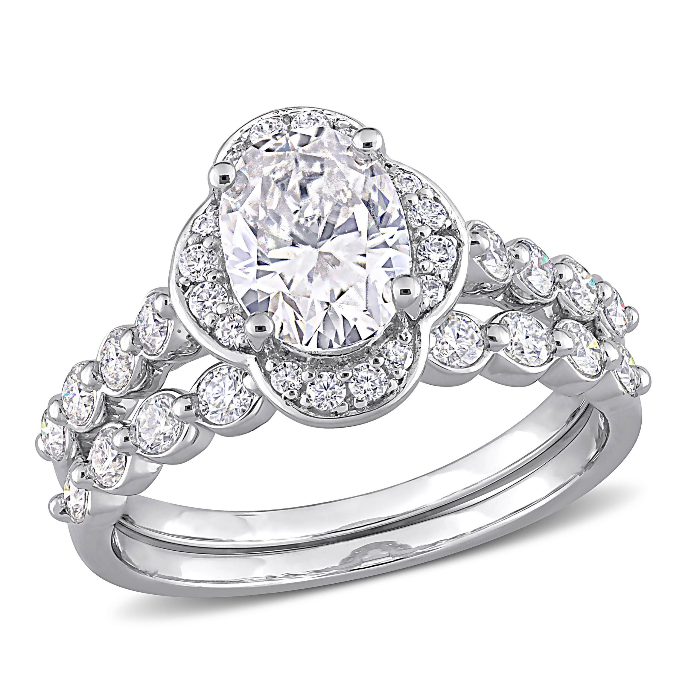 Lab Created Created Moissanite Cluster Halo Bridal Ring Set in Sterling Silver