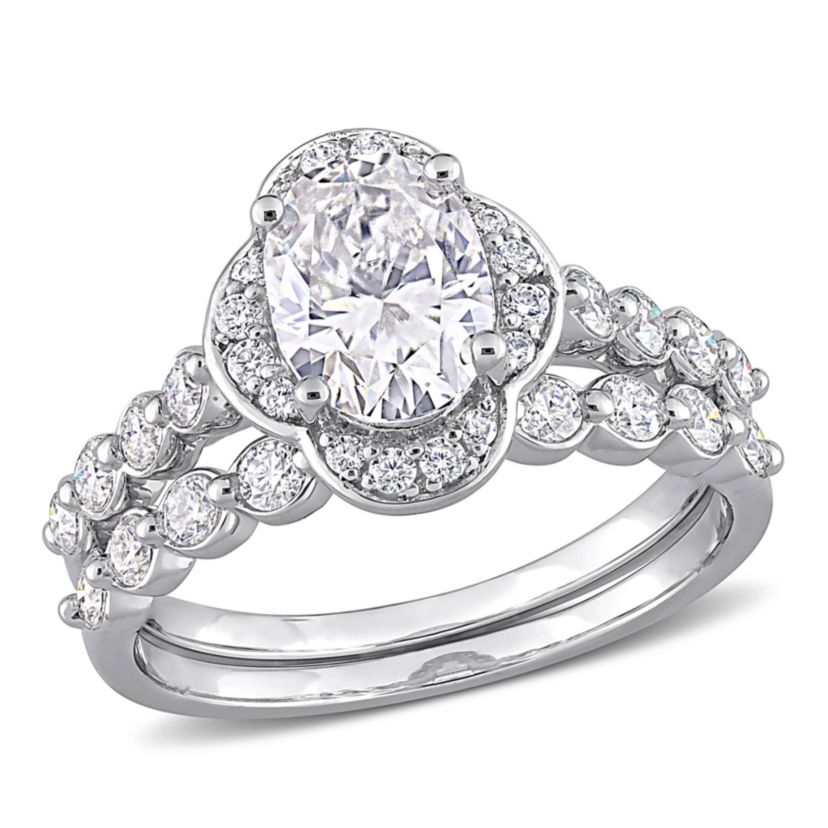 Lab Created Created Moissanite Cluster Halo Bridal Ring Set in Sterling Silver
