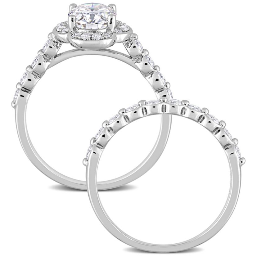 Lab Created Created Moissanite Cluster Halo Bridal Ring Set in Sterling Silver