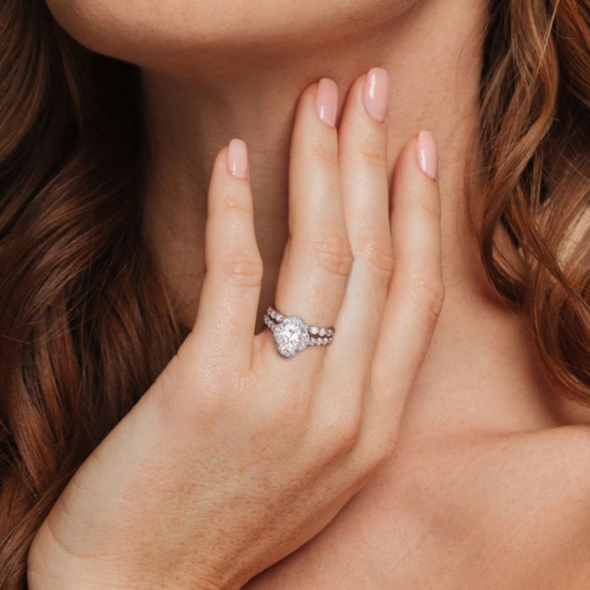 Lab Created Created Moissanite Cluster Halo Bridal Ring Set in Sterling Silver