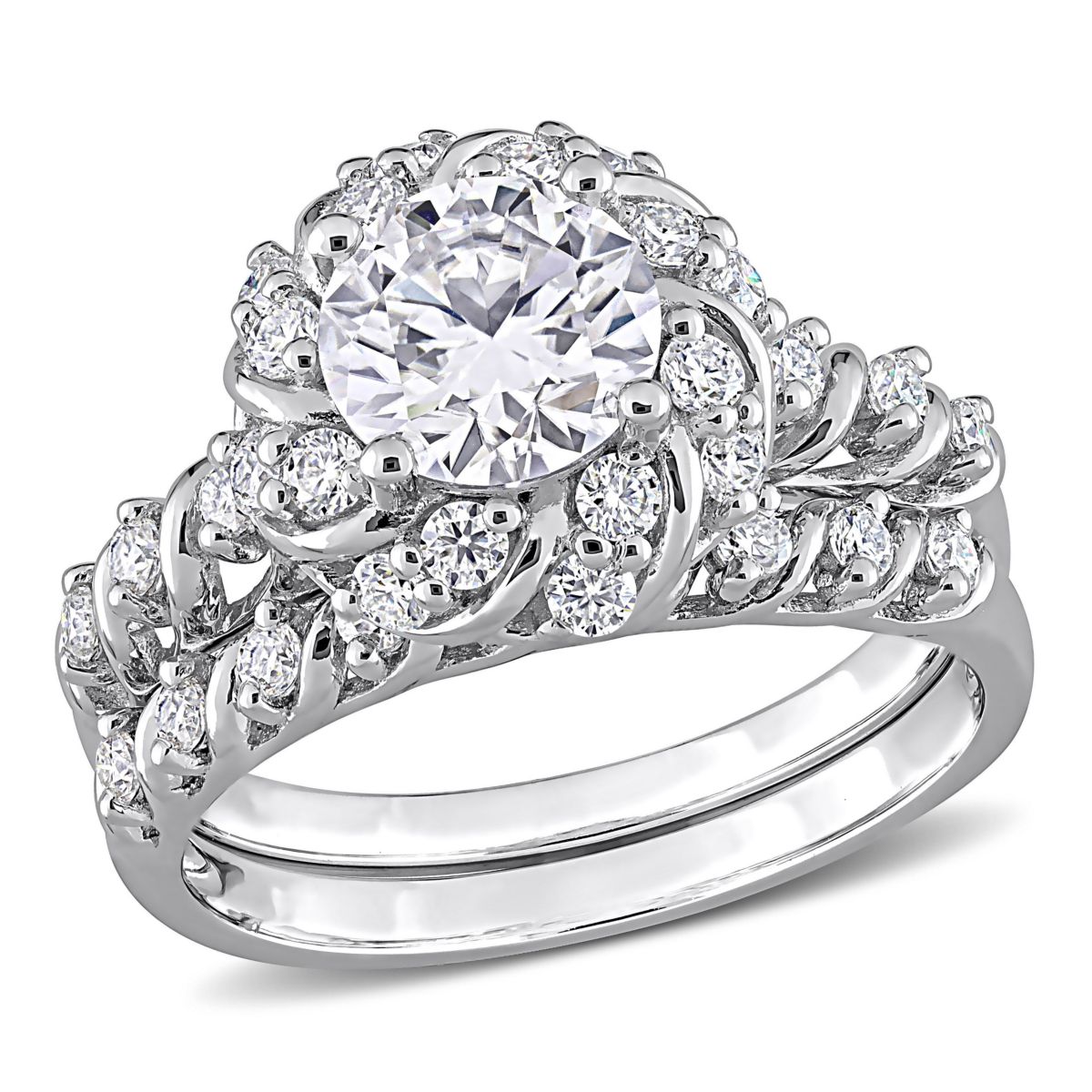 Lab Created Created Moissanite Halo Bridal Ring Set in Sterling Silver