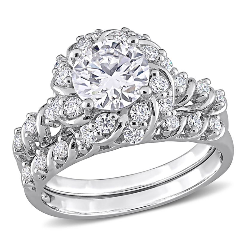 Lab Created Created Moissanite Halo Bridal Ring Set in Sterling Silver