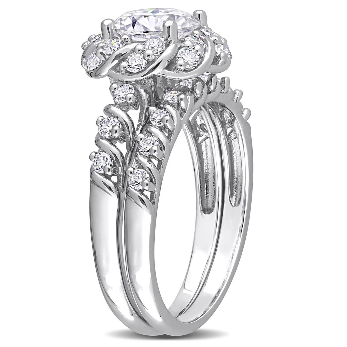 Lab Created Created Moissanite Halo Bridal Ring Set in Sterling Silver
