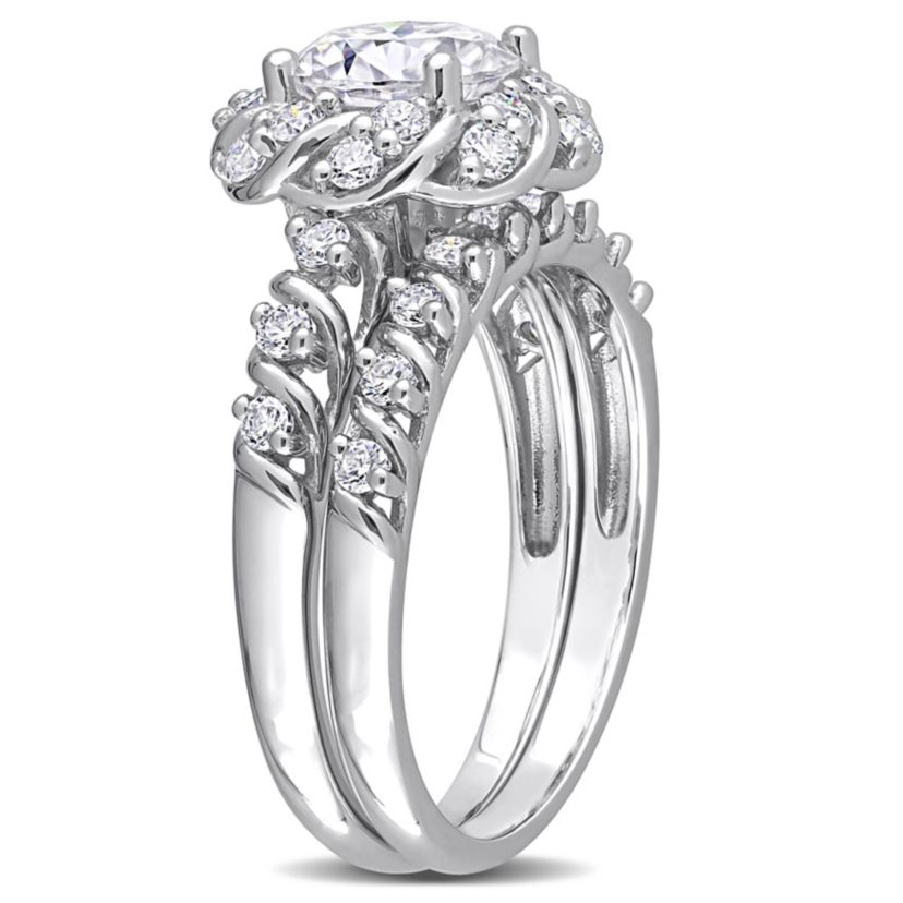 Lab Created Created Moissanite Halo Bridal Ring Set in Sterling Silver