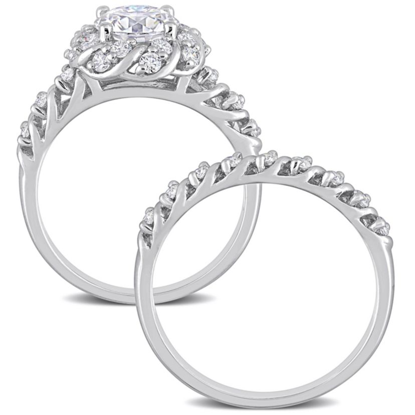 Lab Created Created Moissanite Halo Bridal Ring Set in Sterling Silver