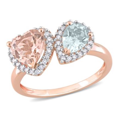 Belk & Co Heart Shape Morganite Pear Shape Aquamarine and 1/5 CT TW Diamond Ring in 14k Rose Gold, Pink, 6