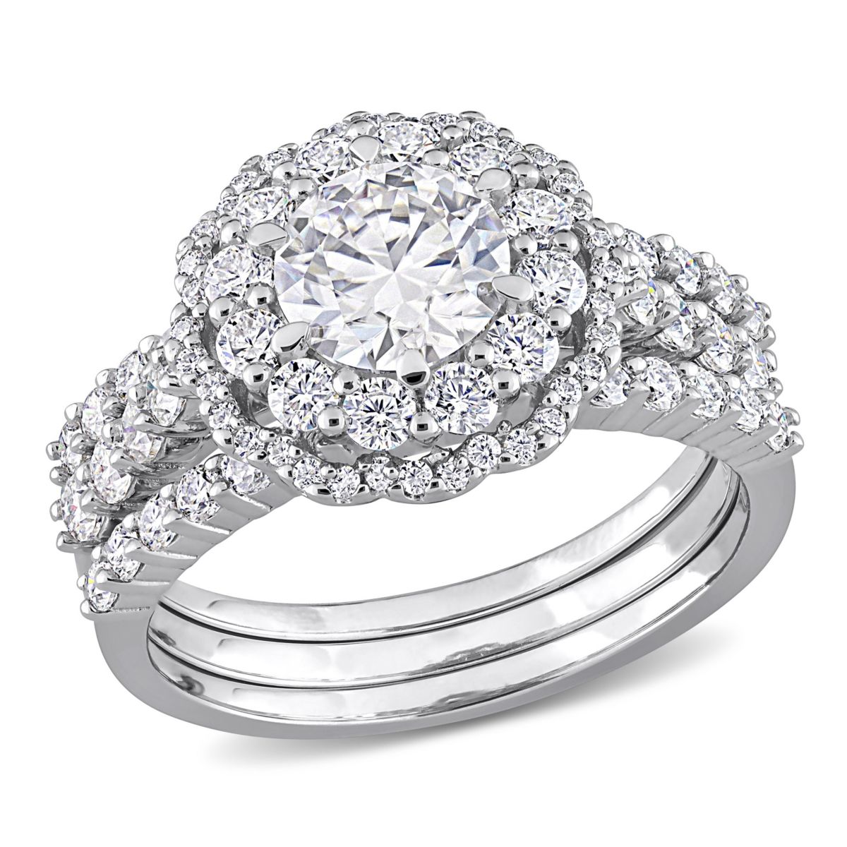 Lab Created 2 CT DEW Created Moissanite Halo Bridal Ring Set in Sterling Silver