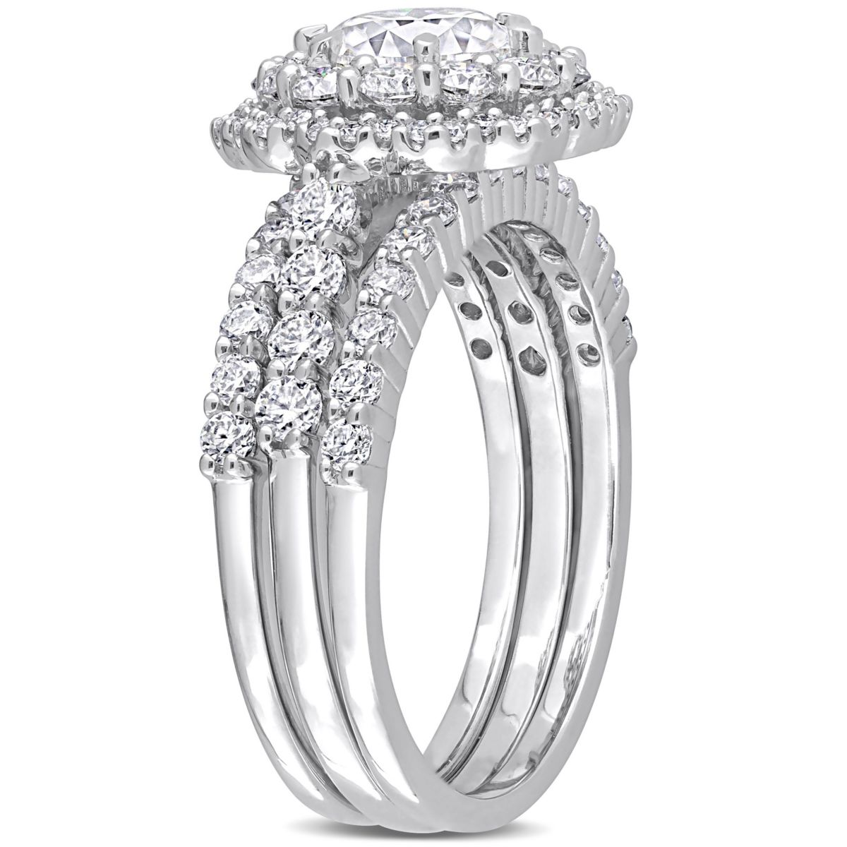 Lab Created 2 CT DEW Created Moissanite Halo Bridal Ring Set in Sterling Silver