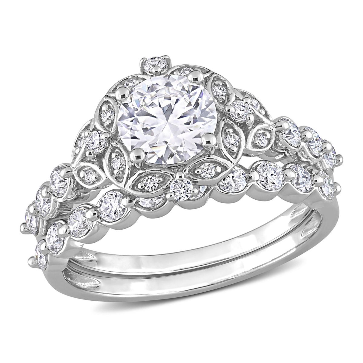 Lab Created Created Moissanite Halo Bridal Ring Set in Sterling Silver