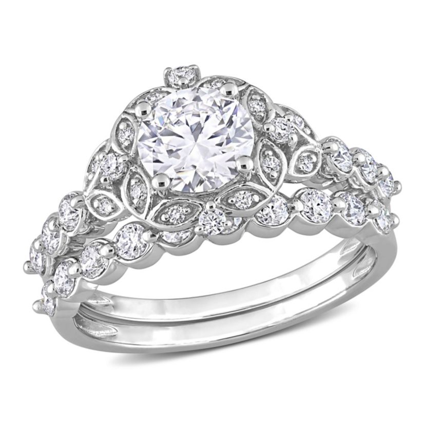 Lab Created Created Moissanite Halo Bridal Ring Set in Sterling Silver