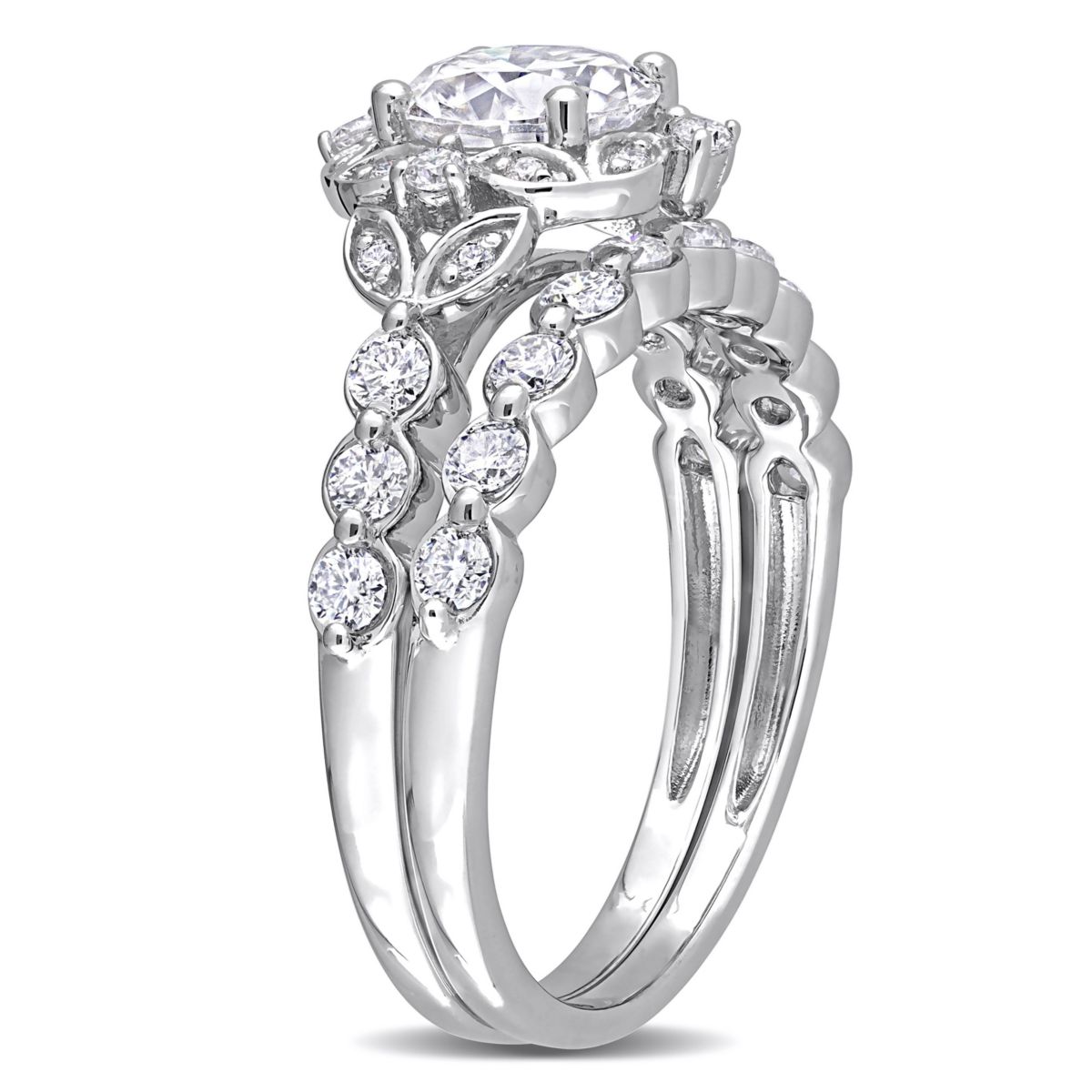 Lab Created Created Moissanite Halo Bridal Ring Set in Sterling Silver