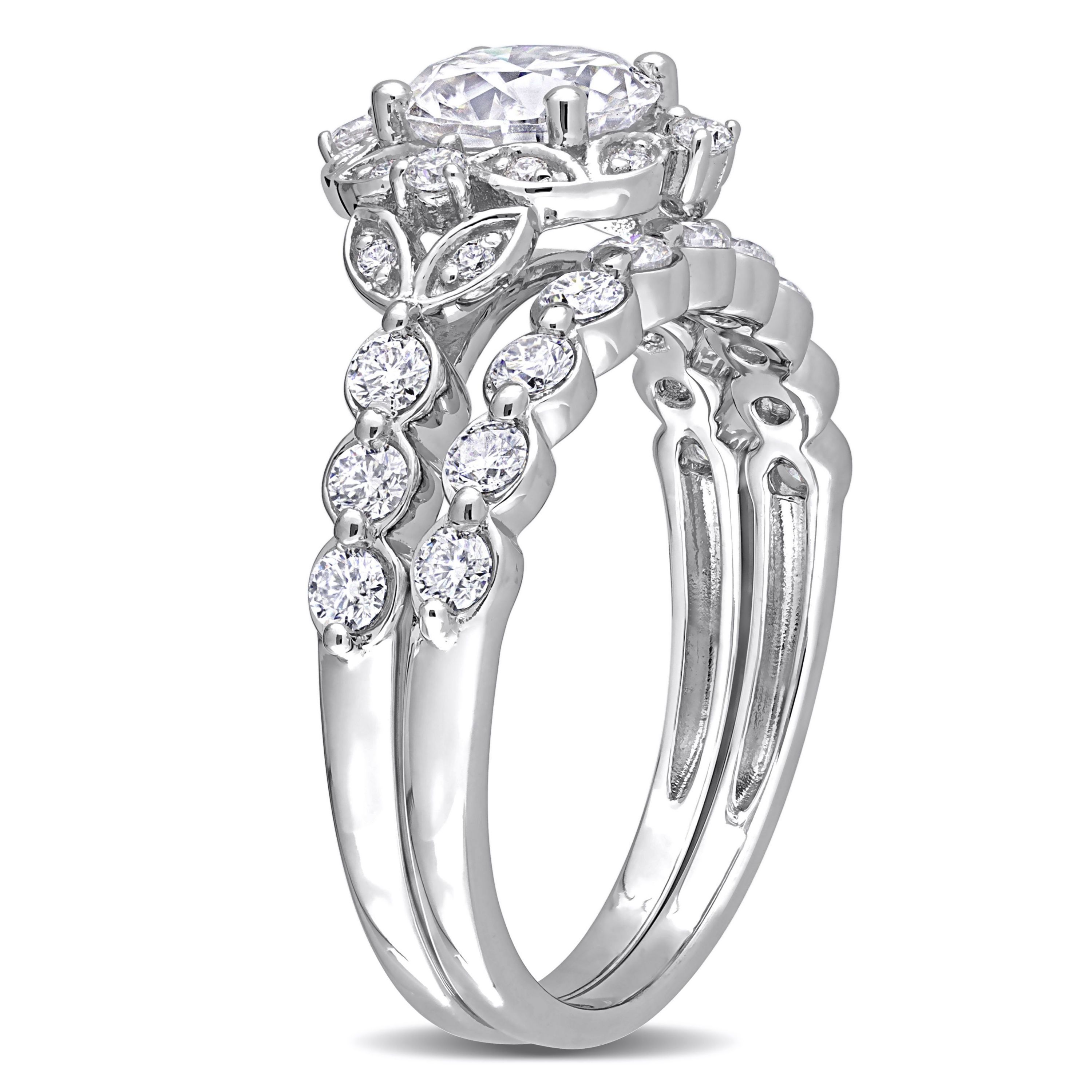 Lab Created Created Moissanite Halo Bridal Ring Set in Sterling Silver