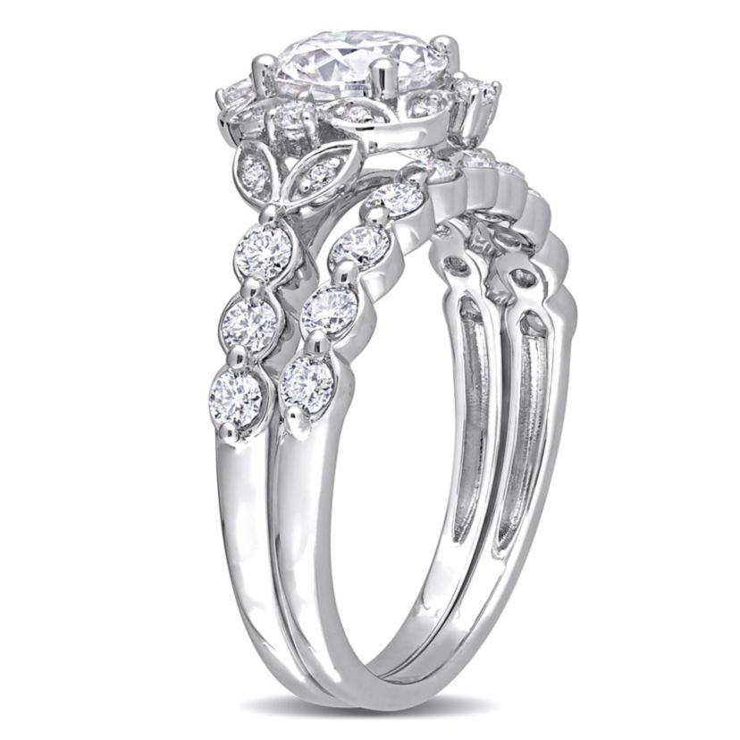 Lab Created Created Moissanite Halo Bridal Ring Set in Sterling Silver