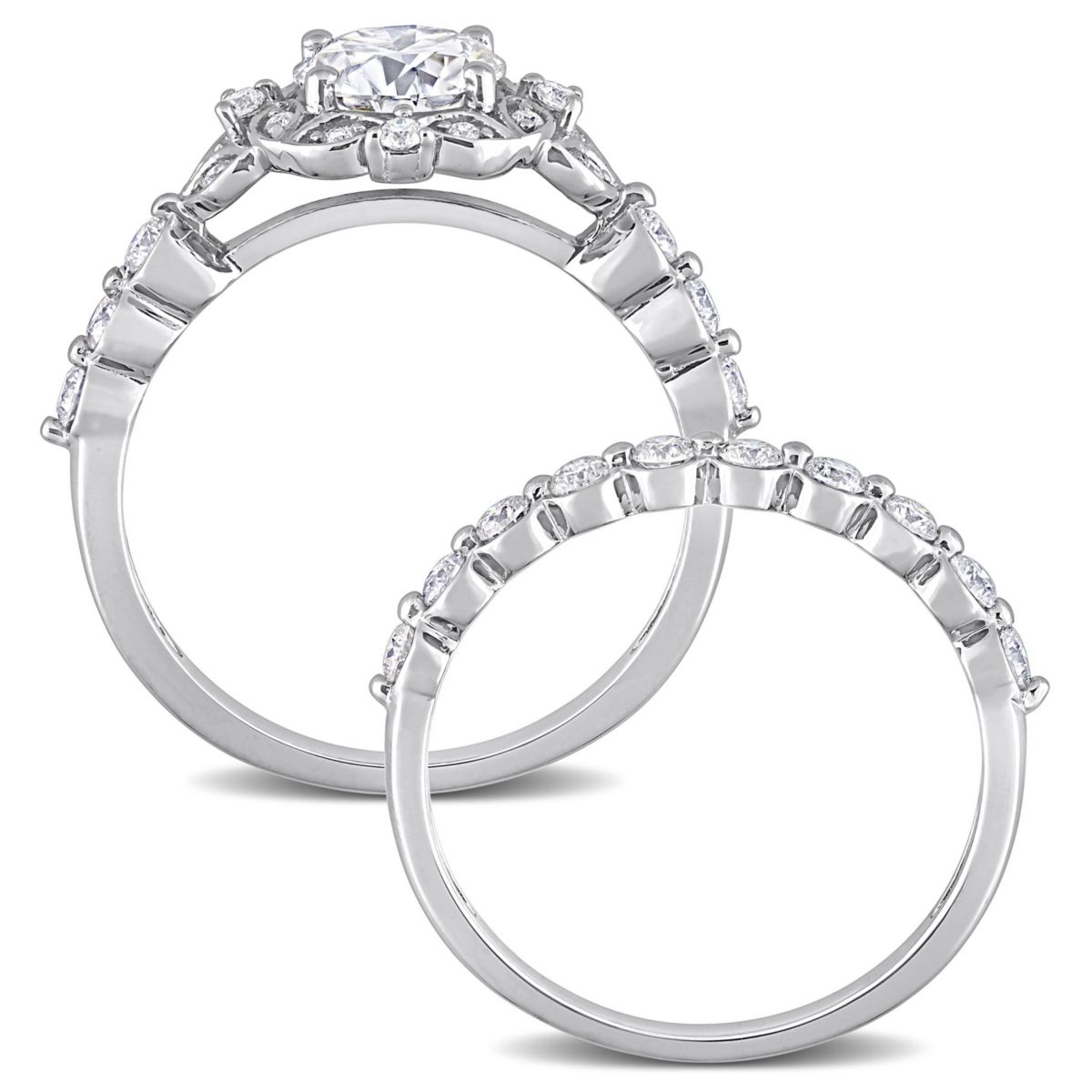 Lab Created Created Moissanite Halo Bridal Ring Set in Sterling Silver
