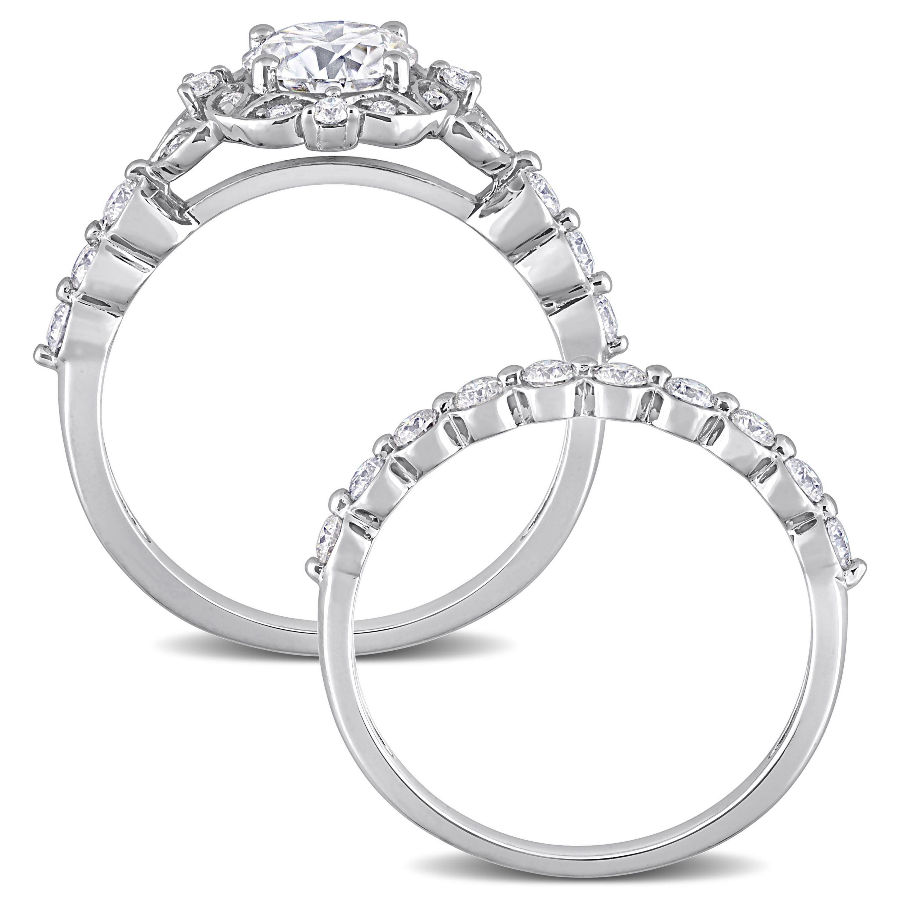Lab Created Created Moissanite Halo Bridal Ring Set in Sterling Silver