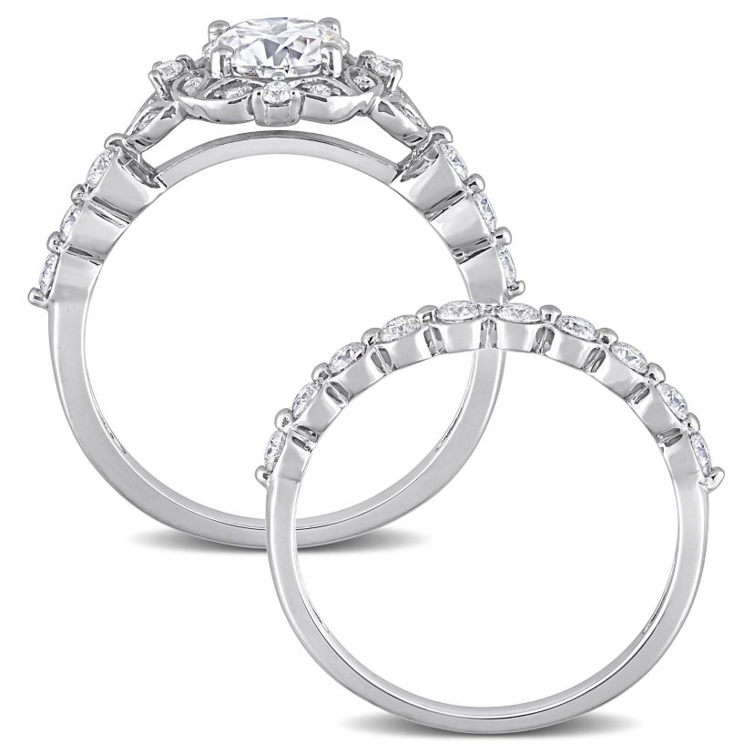 Lab Created Created Moissanite Halo Bridal Ring Set in Sterling Silver
