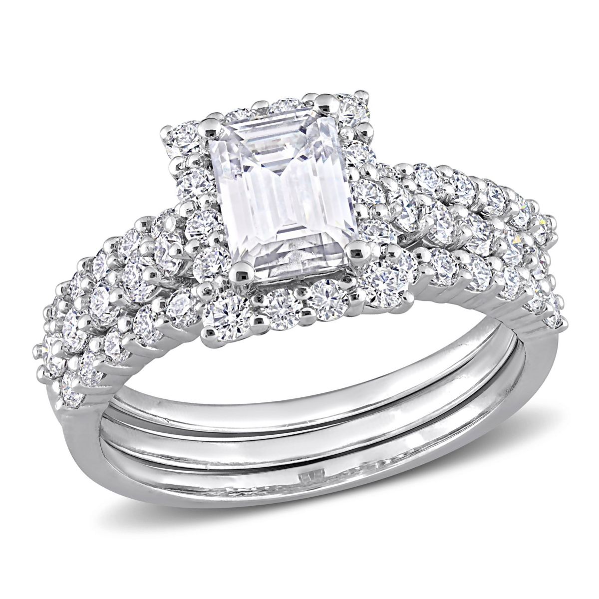 Lab Created Created Moissanite Square Halo Bridal Ring Set in Sterling Silver