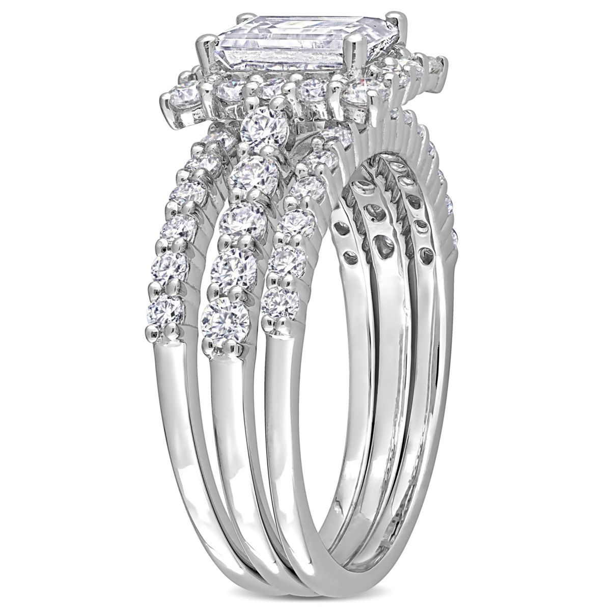 Lab Created Created Moissanite Square Halo Bridal Ring Set in Sterling Silver