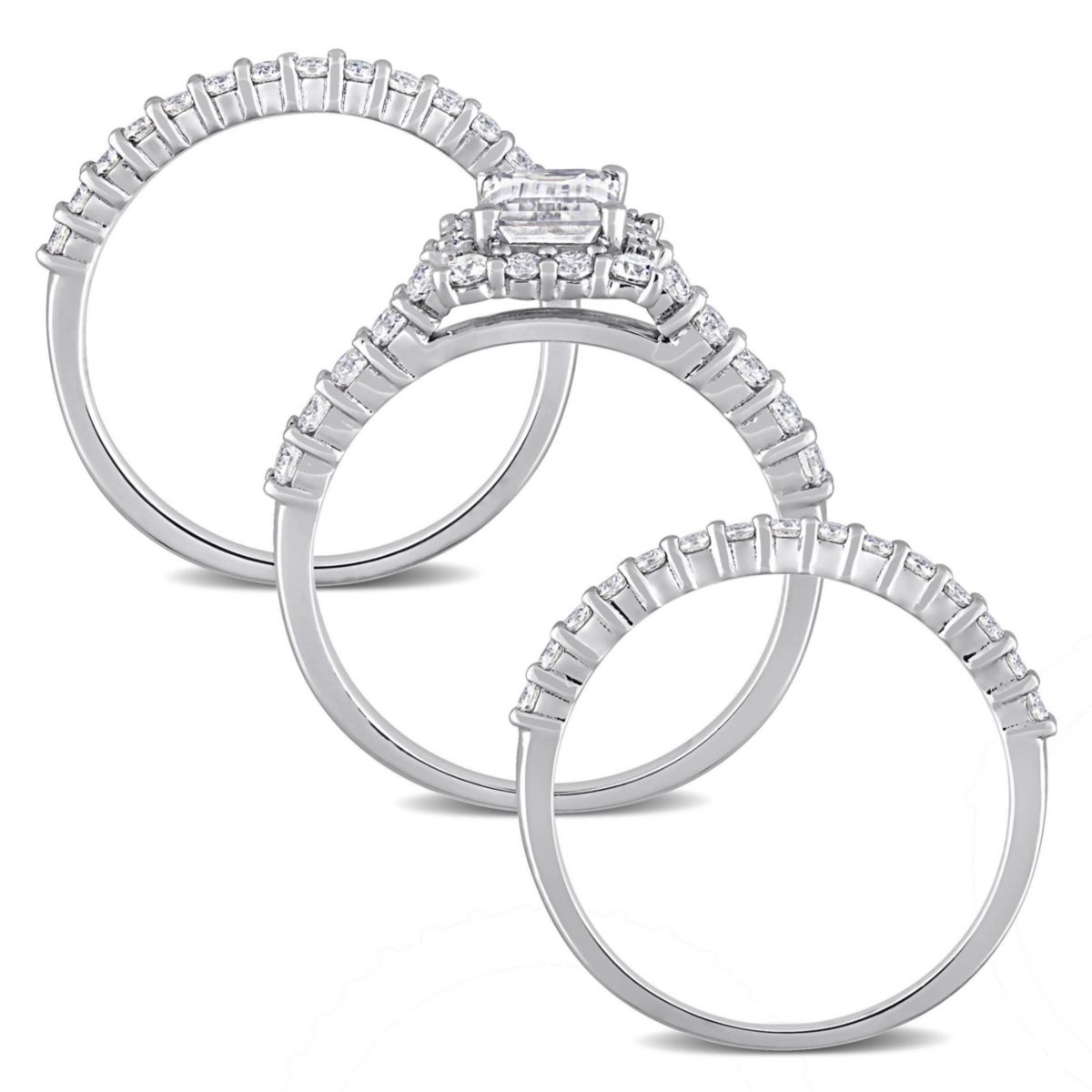 Lab Created Created Moissanite Square Halo Bridal Ring Set in Sterling Silver